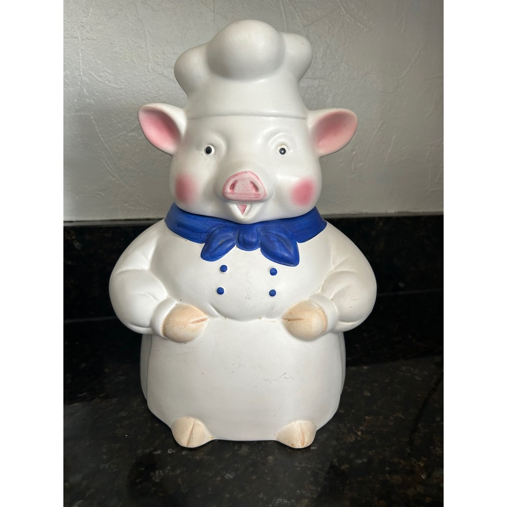 GKA Ceramic Pig Chef Cookie Jar White Blue Farmhouse Kitchen Decor 10.5 Inch
